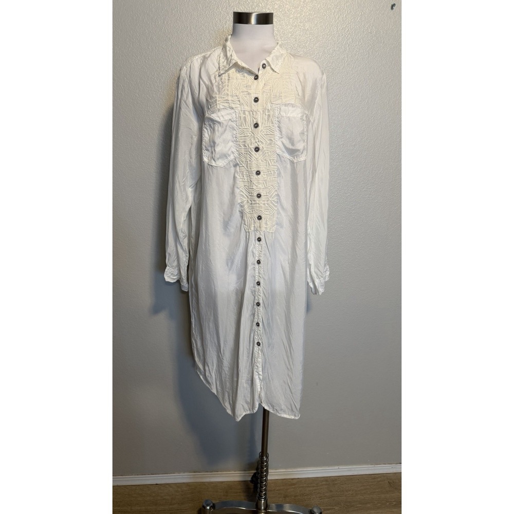 JOHNNY WAS  Pete & Greta Women XL Ivory Cupra Rayon Shirt Dress Embroidered